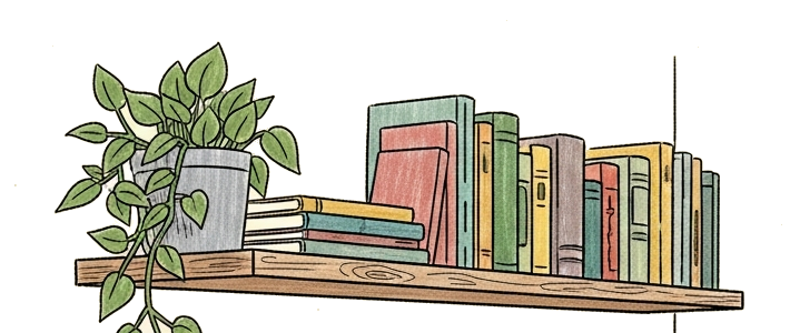 A hand-drawn shelf of books with a trailing plant