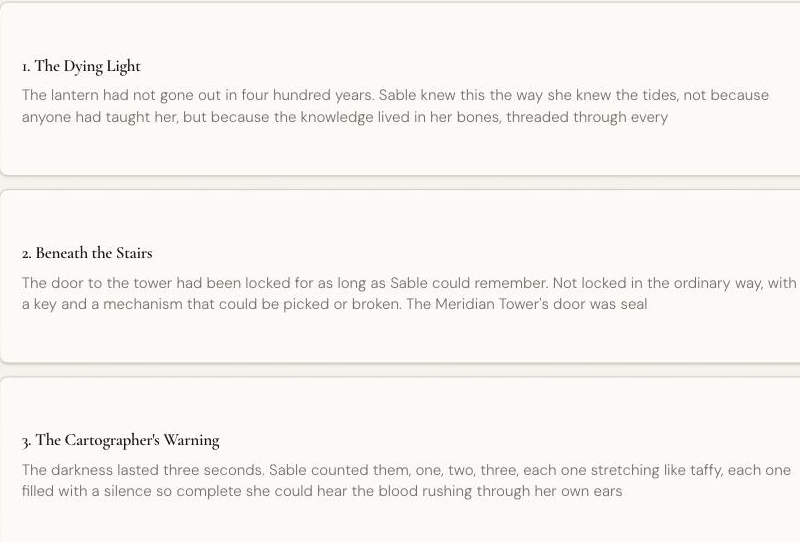 A manuscript split into four chapters inside BetaShelf
